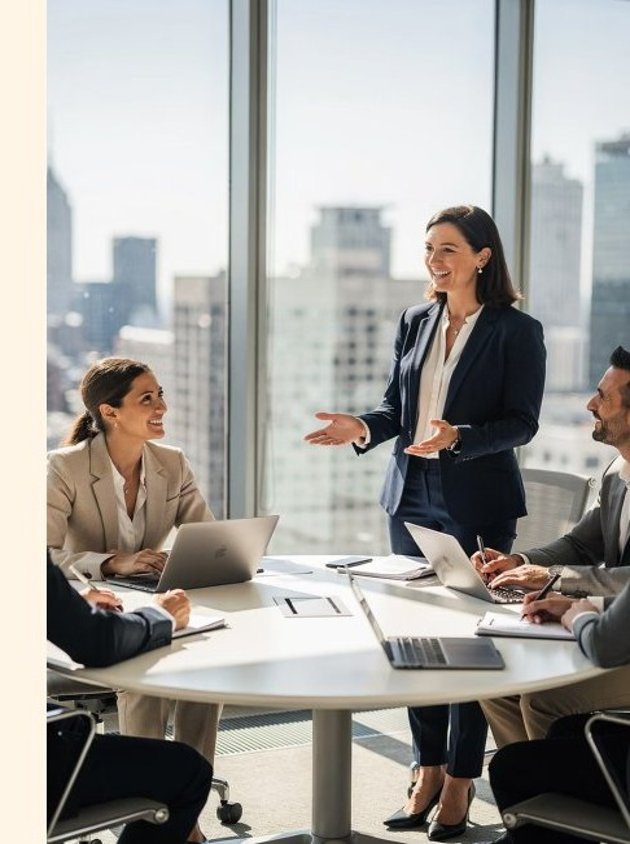 Woman presenting at an executive round table with skyline behind