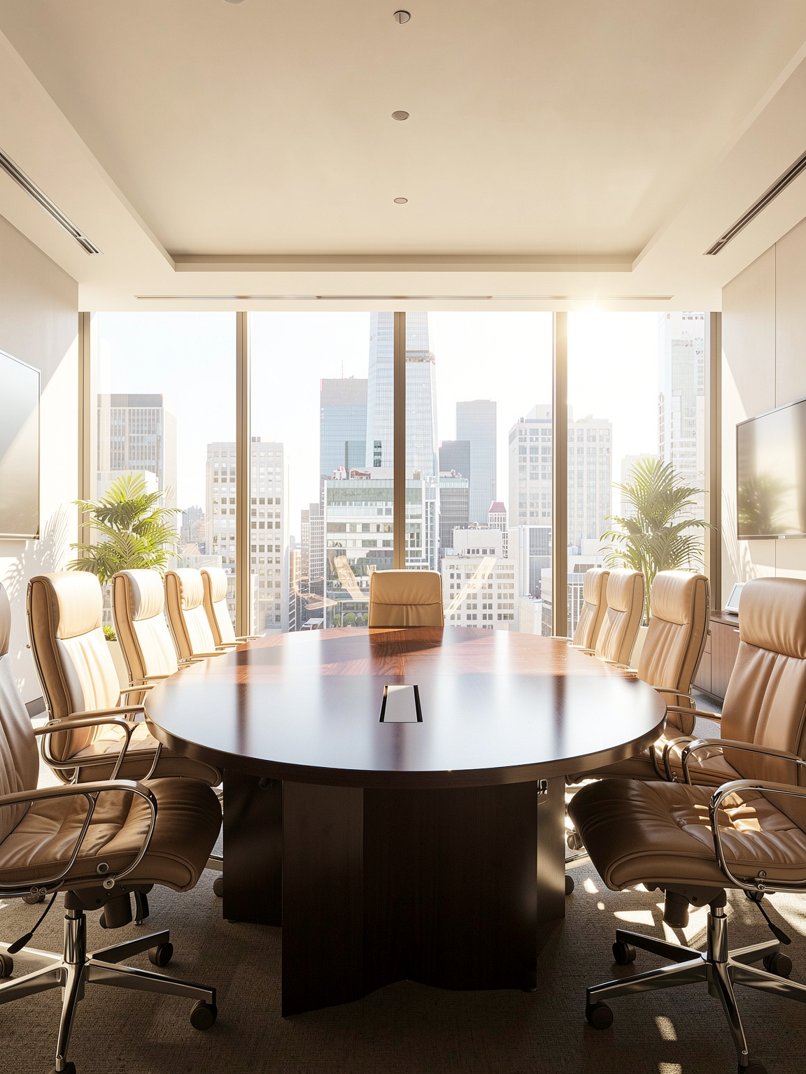 An empty oval executive conference table with city views